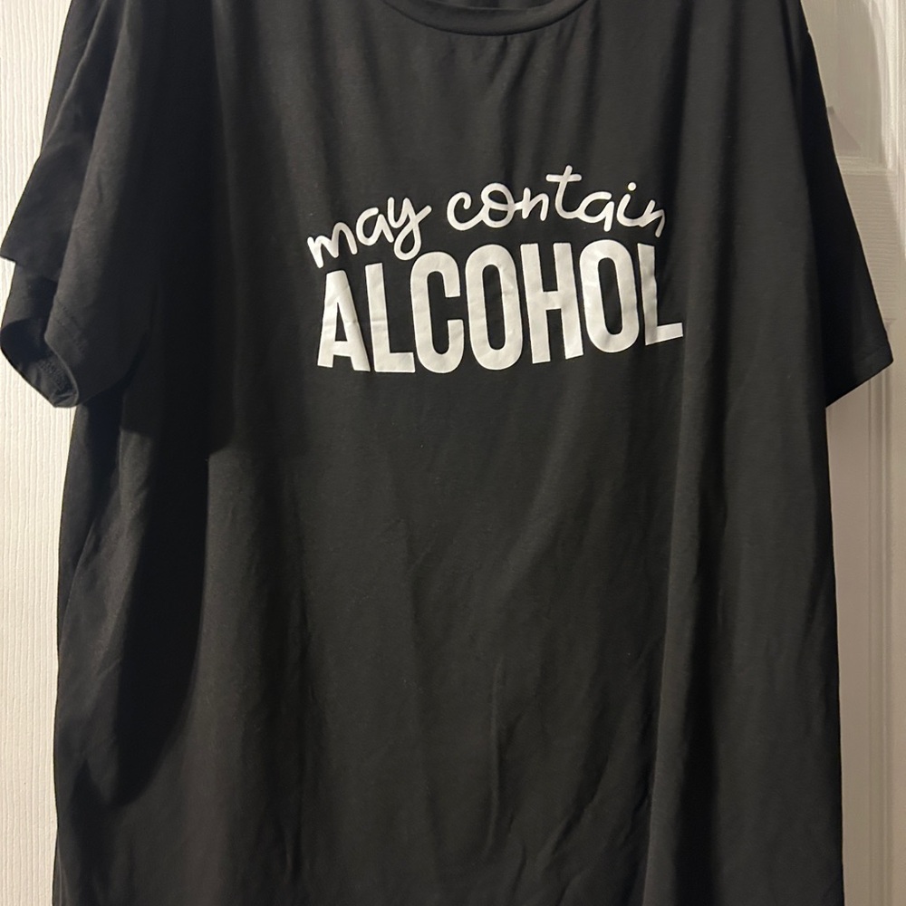 SHEIN Black Short Sleeve Tee with White "May Contain Alcohol" Graphic